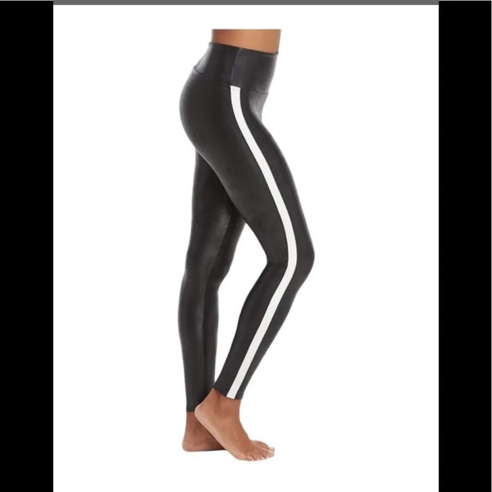 Spanx Black Faux Leather Leggings with Side Stripe